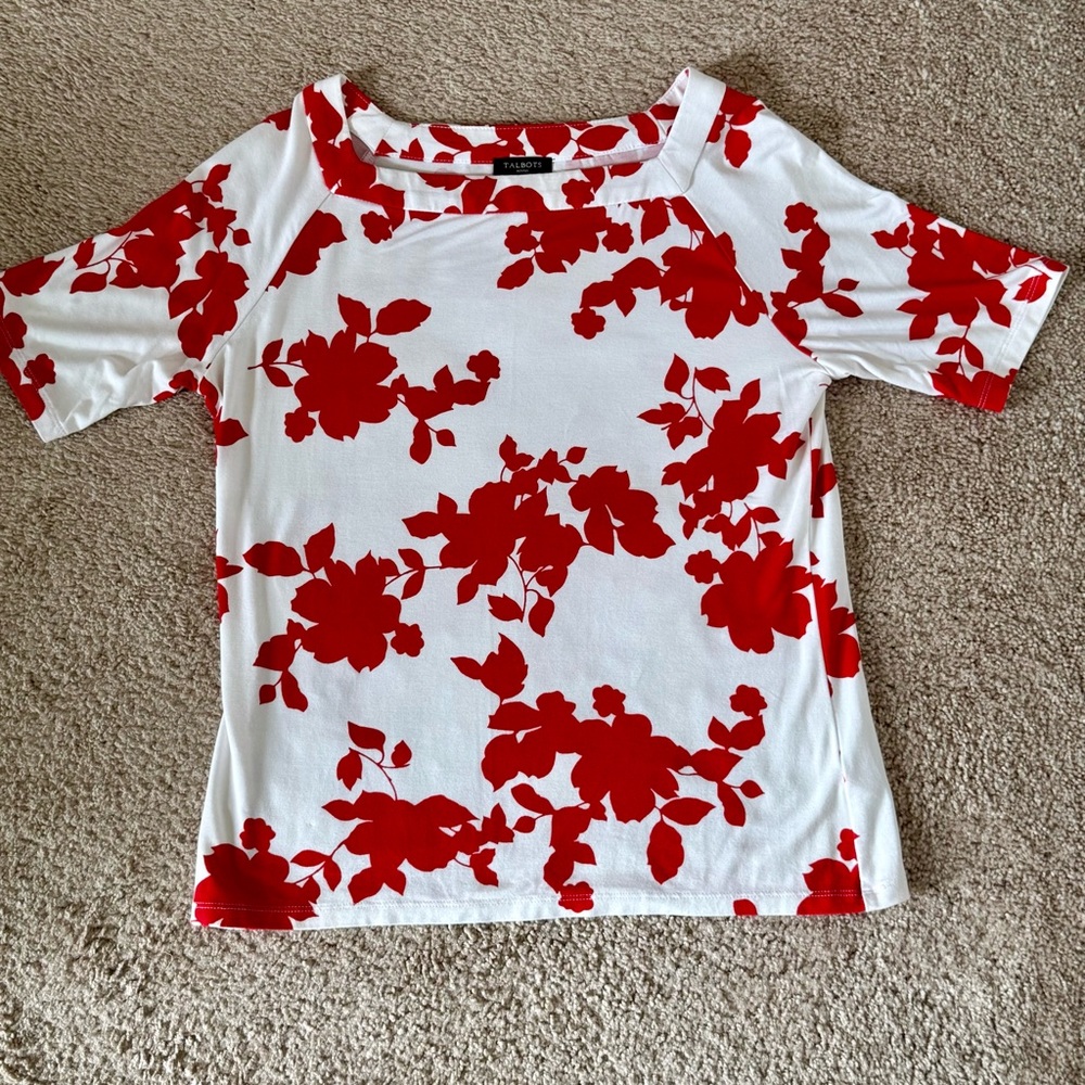 Talbots Womens Red White Floral‎ Top Short Sleeve Rayon Tunic Blouse Sz-Small/P - Picture 13 of 14